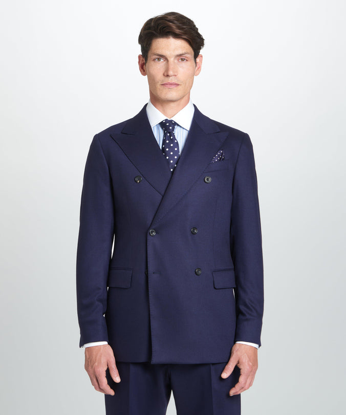 Navy Tailored Fit Twill Flannel Stretch Double Breasted Jacket