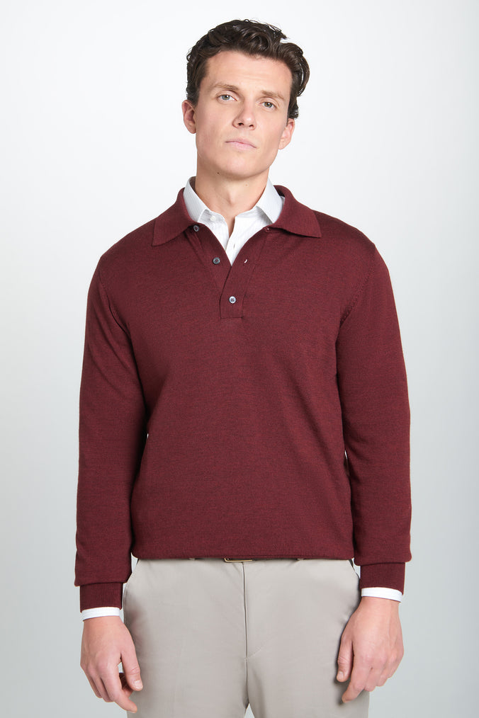 Burgundy Merino Wool Long Sleeve Polo Shirt