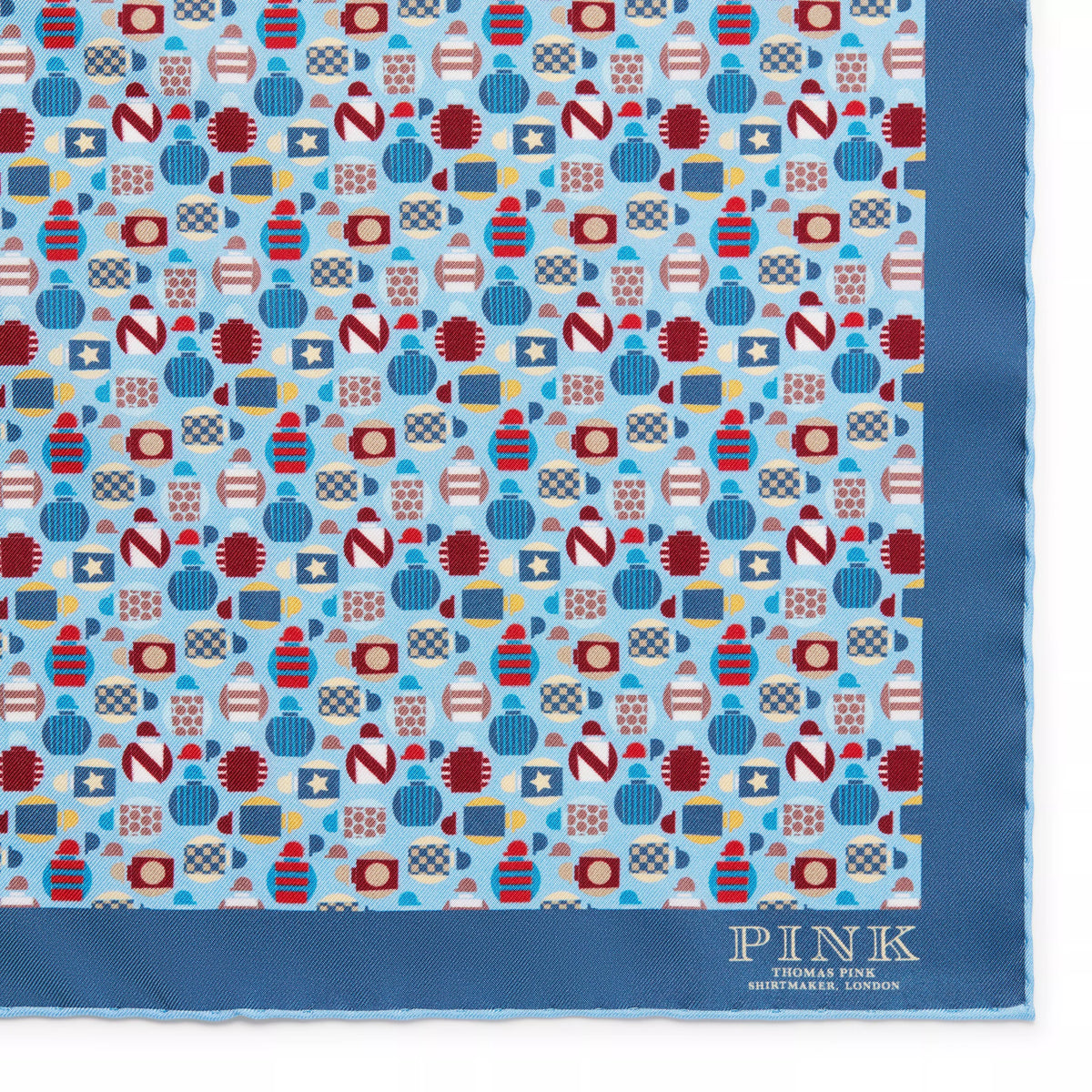 Blue & Multicolour Small Jockey All Over Printed Silk Pocket Square