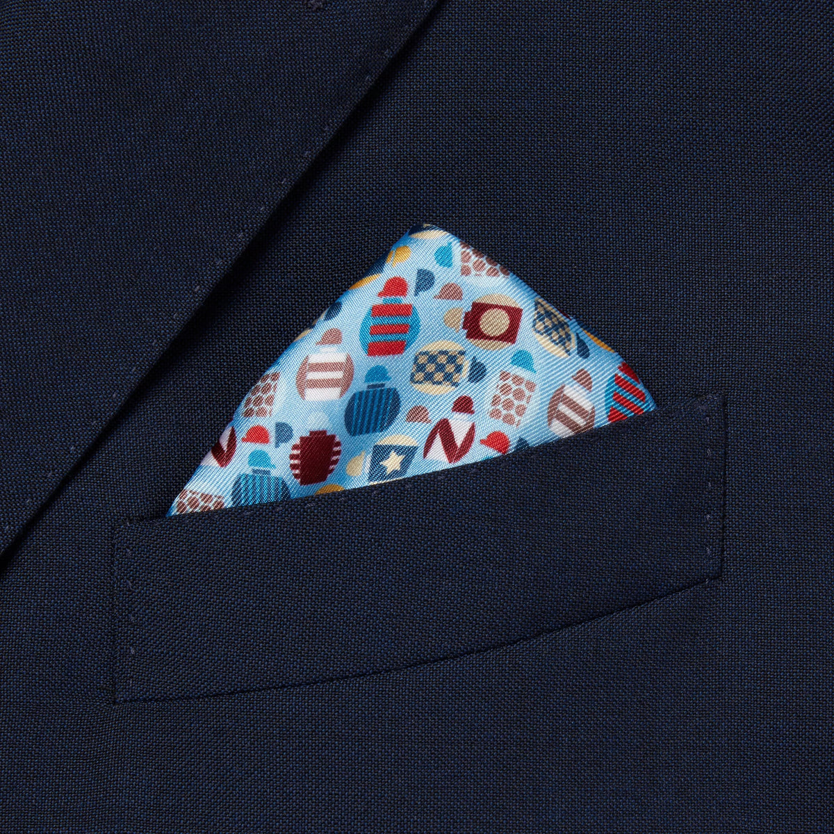 Blue & Multicolour Small Jockey All Over Printed Silk Pocket Square