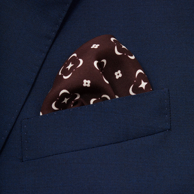 Burgundy Red & Neutral Flower Monogram Printed Silk Pocket Square