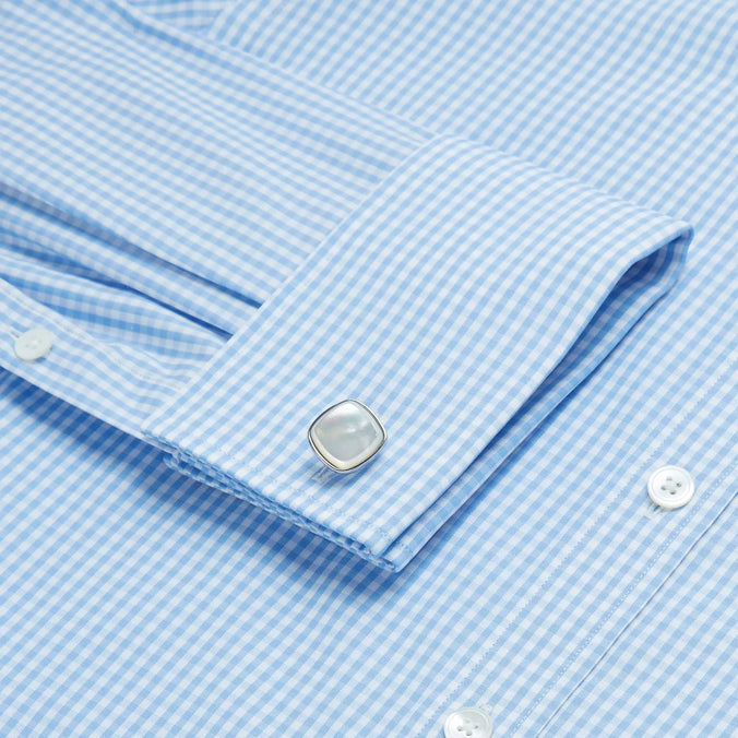 Pale Blue & White Slim Fit Double Cuff Essential Gingham Formal Shirt