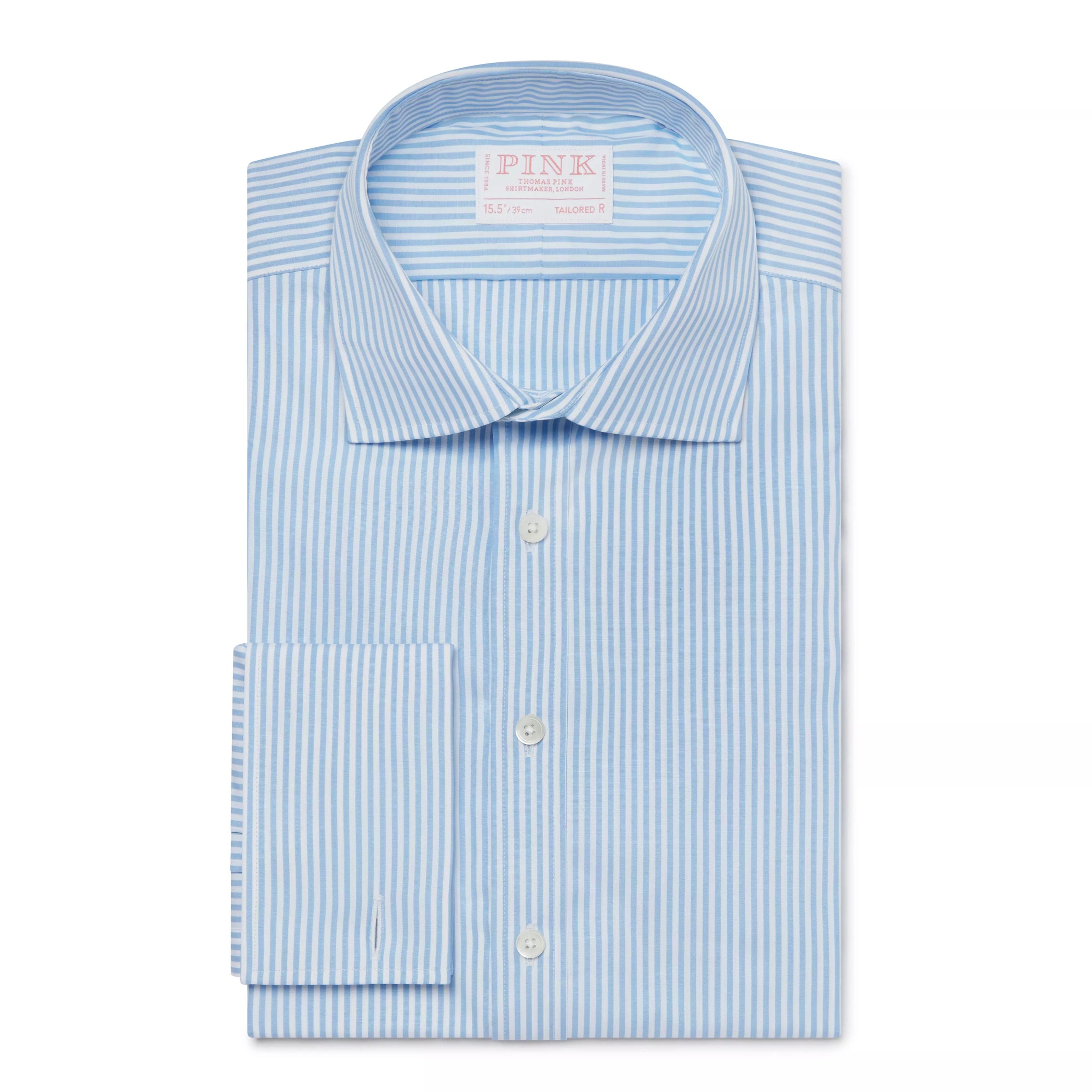 Pale Blue & White Tailored Fit Double Cuff Poplin Bengal Stripe Formal Shirt