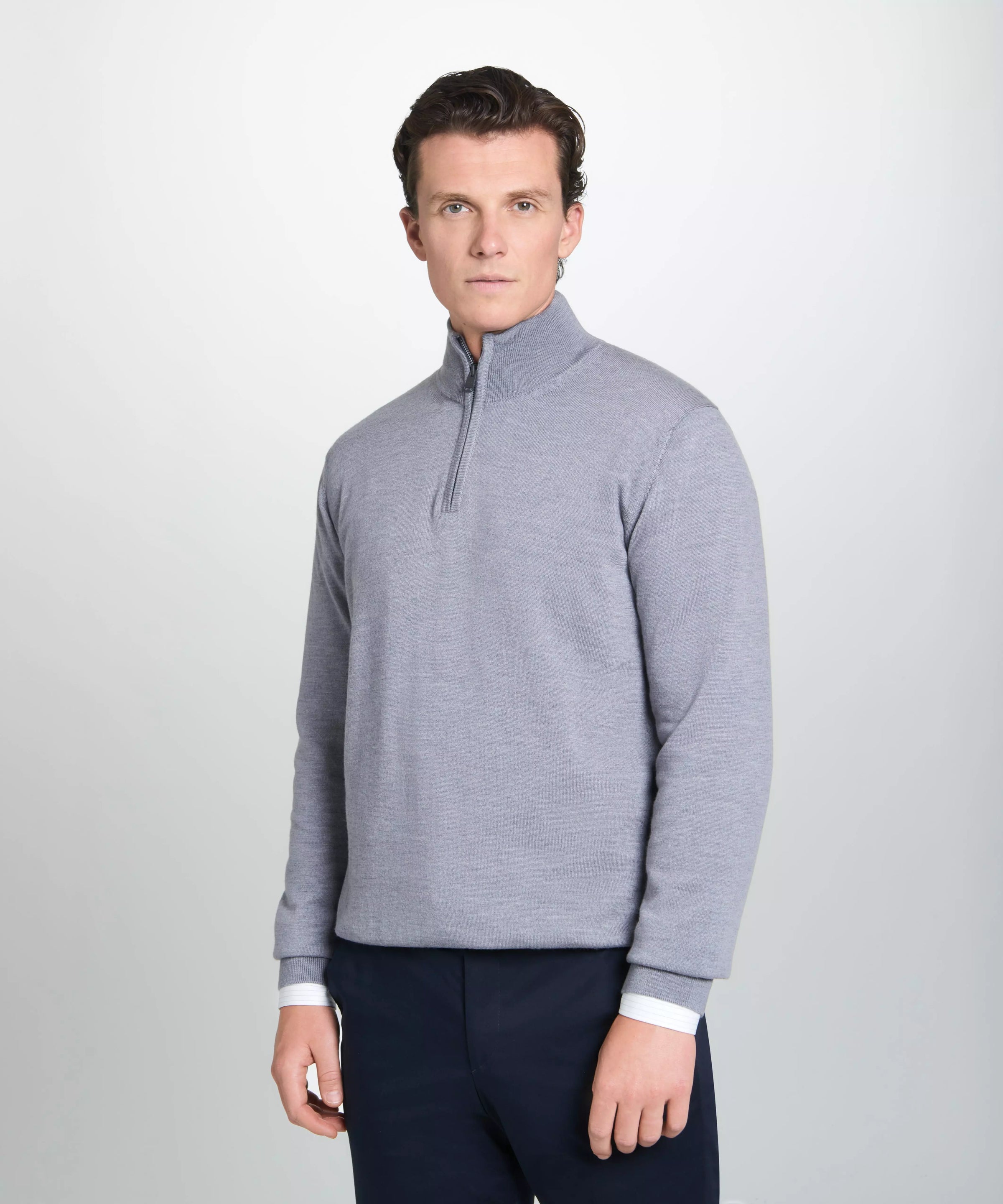 Pale Grey Merino Wool Zip Neck Sweater